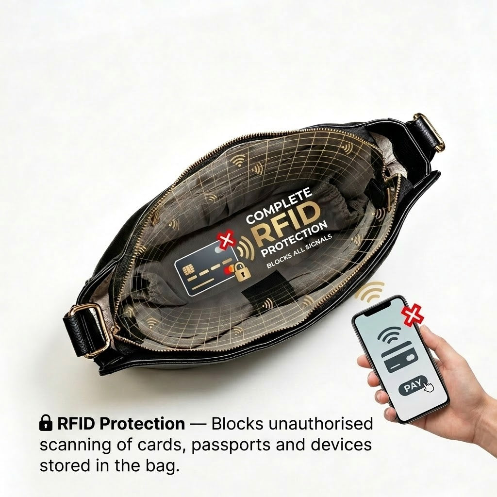 Borsa Hobo Antifurto in Pelle di Lusso 2.0 + Portafoglio Omaggio (Edizione Sicurezza a 6 Strati)