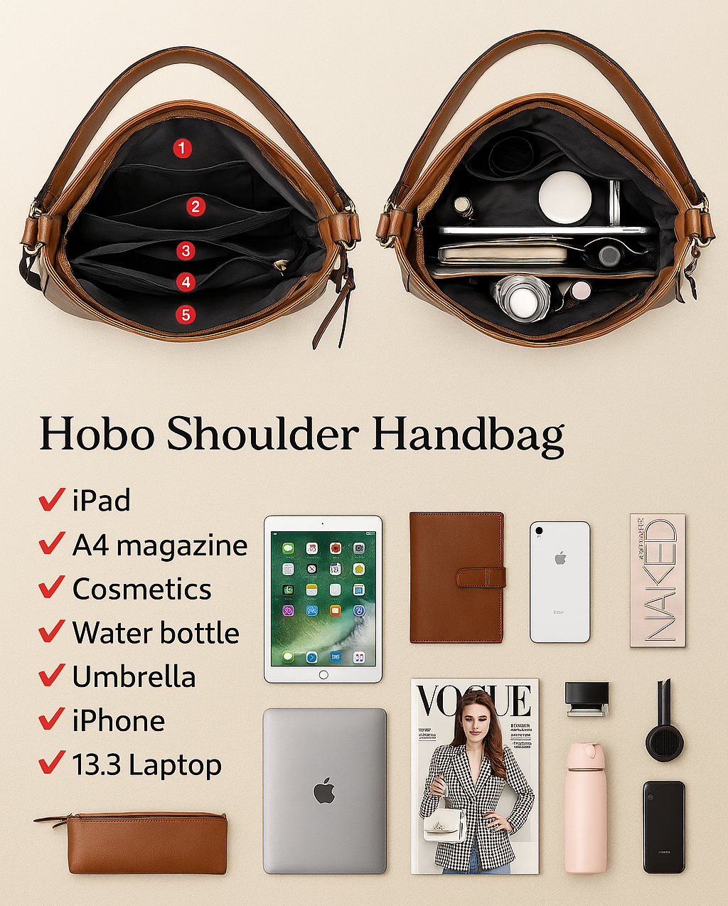 Borsa Hobo Antifurto in Pelle di Lusso + Portafoglio Omaggio